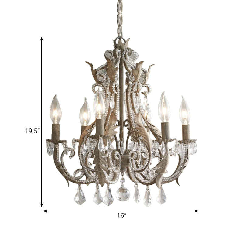 French Country Candle Chandelier 6 Lights Crystal Wrapped Hanging Light in Antiqued Grey Clearhalo 'Ceiling Lights' 'Chandeliers' 'Modern Chandeliers' 'Modern' Lighting' 798240