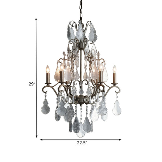 6 Lights Swirl Arm Candlestick Chandelier Rural Rust Metal Ceiling Pendant with Dangling K9 Crystal Accent Clearhalo 'Ceiling Lights' 'Chandeliers' 'Modern Chandeliers' 'Modern' Lighting' 798263