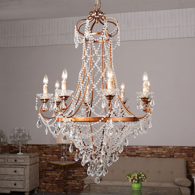 Rust 8 Heads Pendant Lighting Countryside Crisscrossed Crystal Strand Candle Style Chandelier Rust Clearhalo 'Ceiling Lights' 'Chandeliers' 'Modern Chandeliers' 'Modern' Lighting' 798281