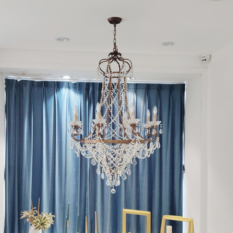 Rust 8 Heads Pendant Lighting Countryside Crisscrossed Crystal Strand Candle Style Chandelier Clearhalo 'Ceiling Lights' 'Chandeliers' 'Modern Chandeliers' 'Modern' Lighting' 798282