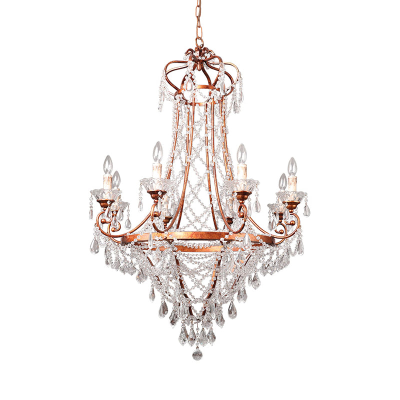 Rust 8 Heads Pendant Lighting Countryside Crisscrossed Crystal Strand Candle Style Chandelier Clearhalo 'Ceiling Lights' 'Chandeliers' 'Modern Chandeliers' 'Modern' Lighting' 798283