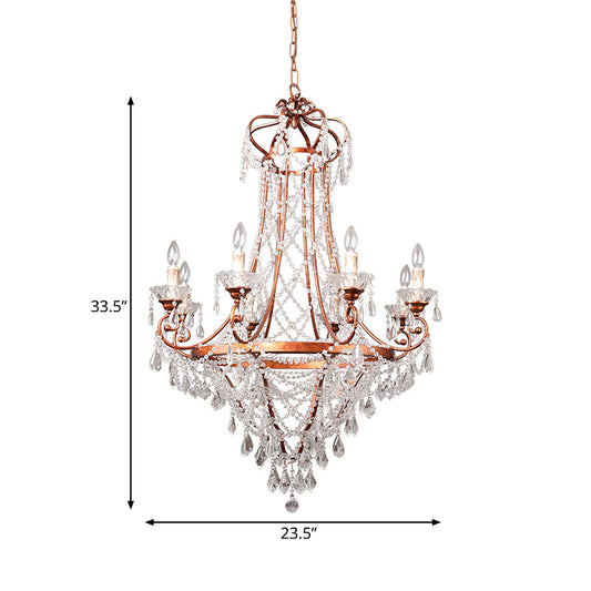 Rust 8 Heads Pendant Lighting Countryside Crisscrossed Crystal Strand Candle Style Chandelier Clearhalo 'Ceiling Lights' 'Chandeliers' 'Modern Chandeliers' 'Modern' Lighting' 798284