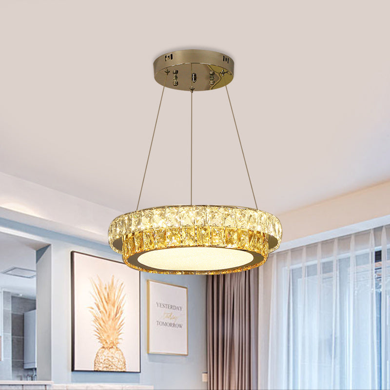 2-Tier Round LED Hanging Lamp Modern Gold Crystal Embedded Chandelier for Dining Room, 16"/23.5"/31.5" Dia Clearhalo 'Ceiling Lights' 'Chandeliers' 'Modern Chandeliers' 'Modern' Lighting' 798339