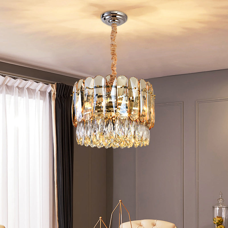 K9 Crystal Drip Gold Chandelier 2-Tier Drum Shape 6 Bulbs Modern Hanging Ceiling Light Gold Clearhalo 'Ceiling Lights' 'Chandeliers' 'Modern Chandeliers' 'Modern' Lighting' 798417