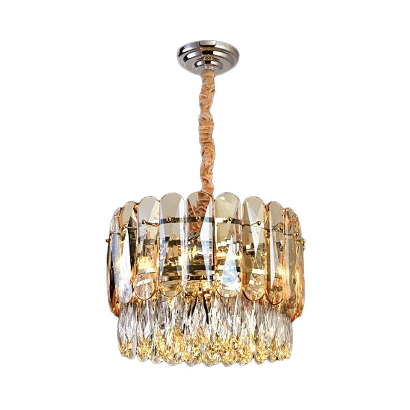 K9 Crystal Drip Gold Chandelier 2-Tier Drum Shape 6 Bulbs Modern Hanging Ceiling Light Clearhalo 'Ceiling Lights' 'Chandeliers' 'Modern Chandeliers' 'Modern' Lighting' 798418