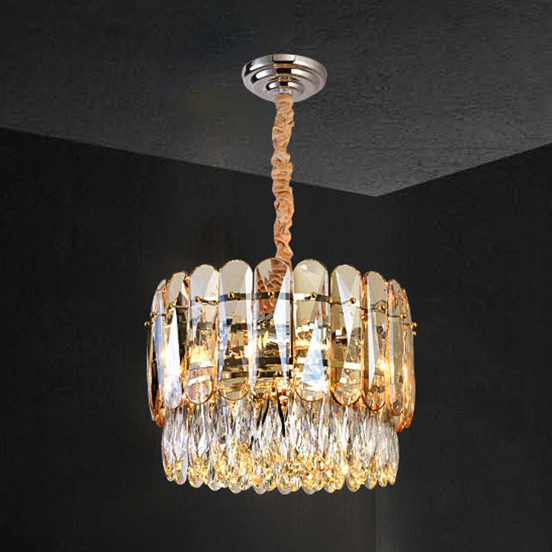 K9 Crystal Drip Gold Chandelier 2-Tier Drum Shape 6 Bulbs Modern Hanging Ceiling Light Clearhalo 'Ceiling Lights' 'Chandeliers' 'Modern Chandeliers' 'Modern' Lighting' 798419