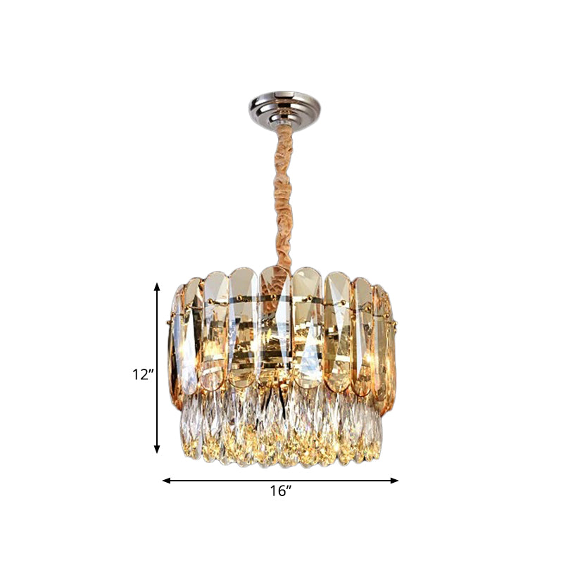 K9 Crystal Drip Gold Chandelier 2-Tier Drum Shape 6 Bulbs Modern Hanging Ceiling Light Clearhalo 'Ceiling Lights' 'Chandeliers' 'Modern Chandeliers' 'Modern' Lighting' 798420