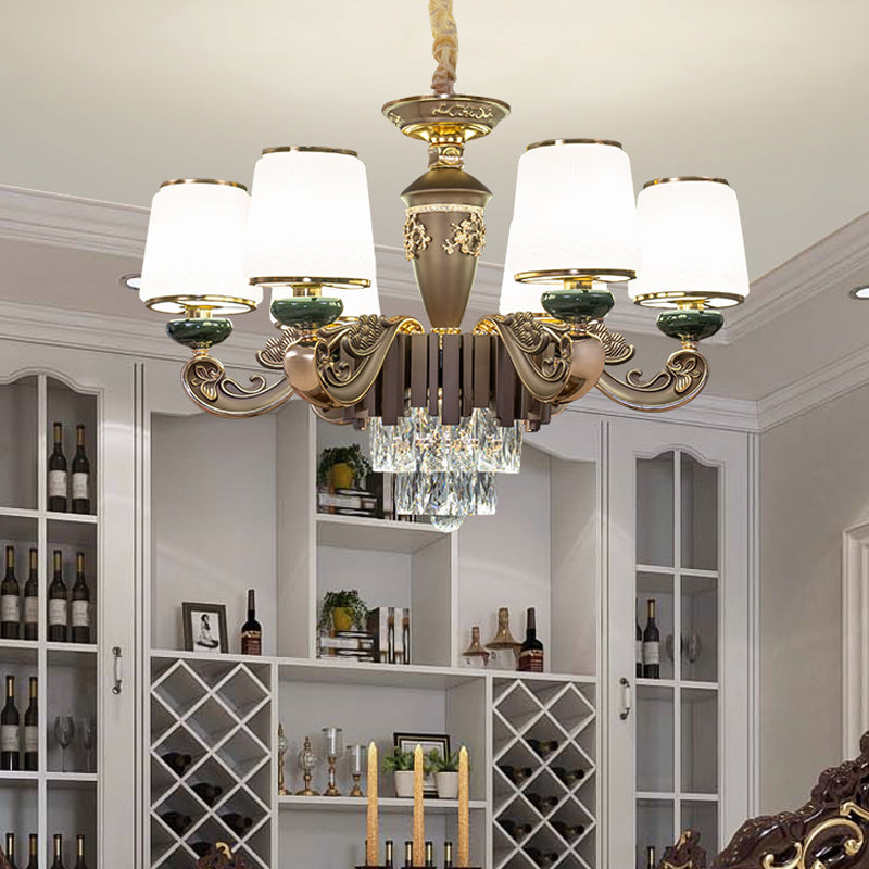 Tapered Opal Glass Chandelier Traditional 6 Heads Dining Room Pendant Light in Brown with K9 Crystal Insert Brown Clearhalo 'Ceiling Lights' 'Chandeliers' 'Modern Chandeliers' 'Modern' Lighting' 798426