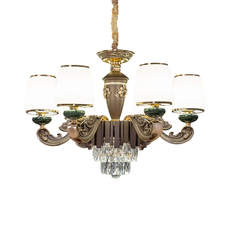 Tapered Opal Glass Chandelier Traditional 6 Heads Dining Room Pendant Light in Brown with K9 Crystal Insert Clearhalo 'Ceiling Lights' 'Chandeliers' 'Modern Chandeliers' 'Modern' Lighting' 798427