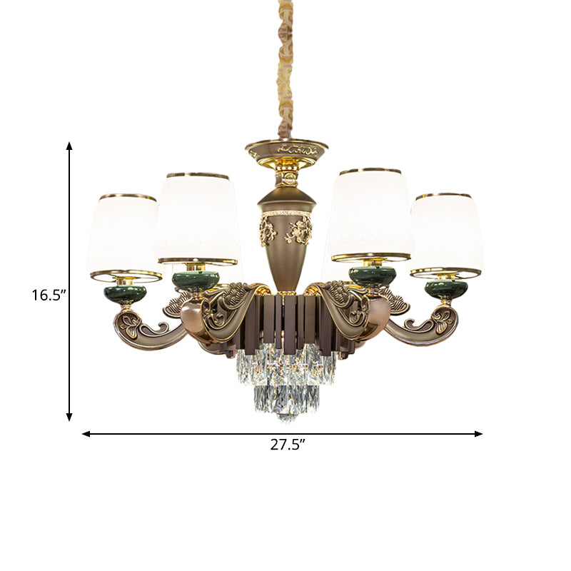 Tapered Opal Glass Chandelier Traditional 6 Heads Dining Room Pendant Light in Brown with K9 Crystal Insert Clearhalo 'Ceiling Lights' 'Chandeliers' 'Modern Chandeliers' 'Modern' Lighting' 798429