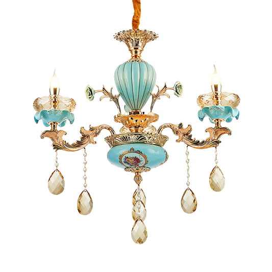 3/6 Bulbs Candelabrum Chandelier Moroccan Gold-Blue Ceramic Hanging Lamp with K9 Crystal Drop Clearhalo 'Ceiling Lights' 'Chandeliers' 'Modern Chandeliers' 'Modern' Lighting' 798505