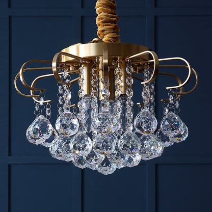 3/5-Bulb Pendant Chandelier Traditional Floral Faceted Crystal Ball Drop Hanging Pendant Light in Gold, 14"/18" Wide Gold 14" Clearhalo 'Ceiling Lights' 'Chandeliers' 'Modern Chandeliers' 'Modern' Lighting' 798518