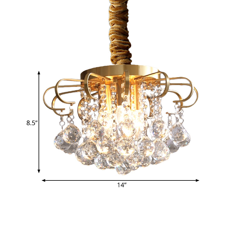 3/5-Bulb Pendant Chandelier Traditional Floral Faceted Crystal Ball Drop Hanging Pendant Light in Gold, 14"/18" Wide Clearhalo 'Ceiling Lights' 'Chandeliers' 'Modern Chandeliers' 'Modern' Lighting' 798521