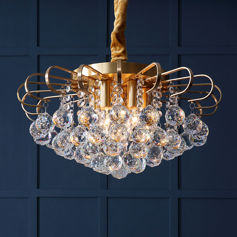 3/5-Bulb Pendant Chandelier Traditional Floral Faceted Crystal Ball Drop Hanging Pendant Light in Gold, 14"/18" Wide Gold 18" Clearhalo 'Ceiling Lights' 'Chandeliers' 'Modern Chandeliers' 'Modern' Lighting' 798522