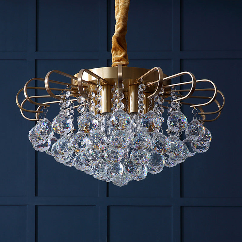 3/5-Bulb Pendant Chandelier Traditional Floral Faceted Crystal Ball Drop Hanging Pendant Light in Gold, 14"/18" Wide Clearhalo 'Ceiling Lights' 'Chandeliers' 'Modern Chandeliers' 'Modern' Lighting' 798523