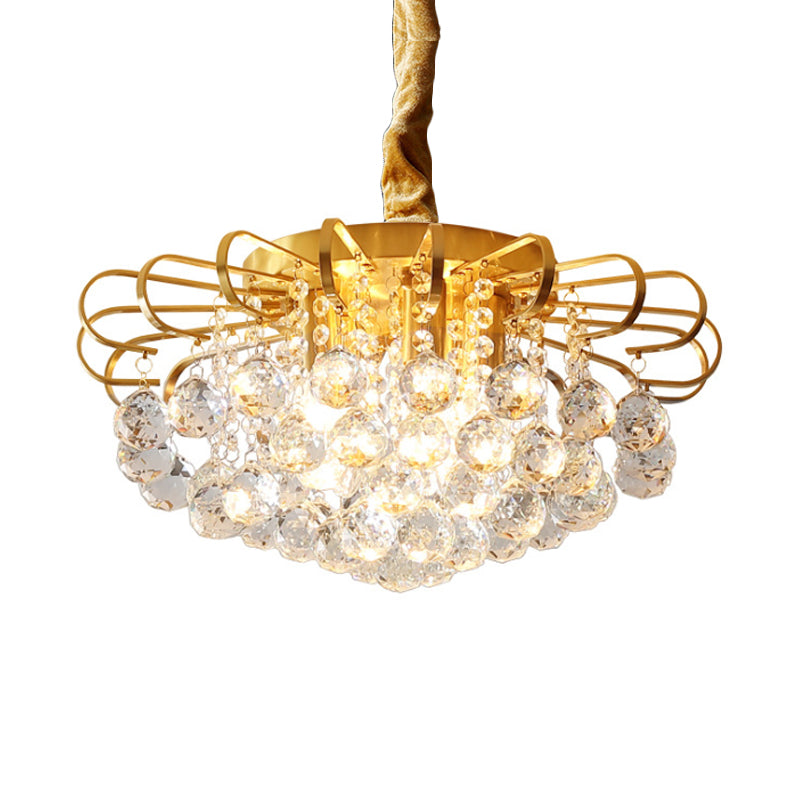 3/5-Bulb Pendant Chandelier Traditional Floral Faceted Crystal Ball Drop Hanging Pendant Light in Gold, 14"/18" Wide Clearhalo 'Ceiling Lights' 'Chandeliers' 'Modern Chandeliers' 'Modern' Lighting' 798525