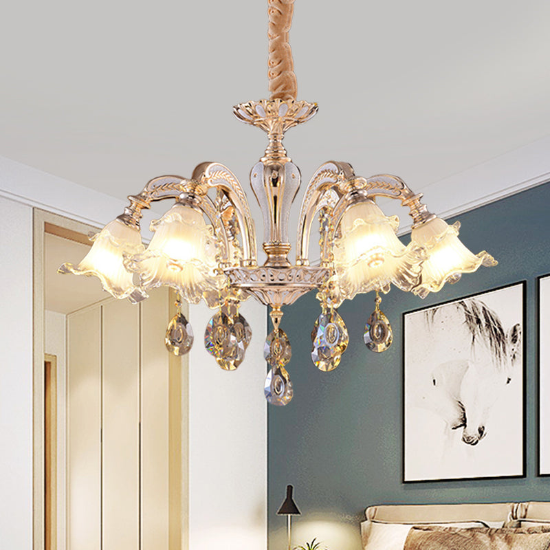 2-Layer Ruffle Clear Glass Chandelier Antiqued 3/6 Lights Dining Table Suspension Lamp in Gold 6 Gold Clearhalo 'Ceiling Lights' 'Chandeliers' 'Close To Ceiling Lights' 'Glass shade' 'Glass' 'Modern Chandeliers' 'Modern' Lighting' 798581