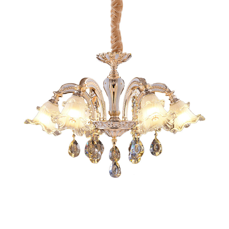 2-Layer Ruffle Clear Glass Chandelier Antiqued 3/6 Lights Dining Table Suspension Lamp in Gold Clearhalo 'Ceiling Lights' 'Chandeliers' 'Close To Ceiling Lights' 'Glass shade' 'Glass' 'Modern Chandeliers' 'Modern' Lighting' 798583