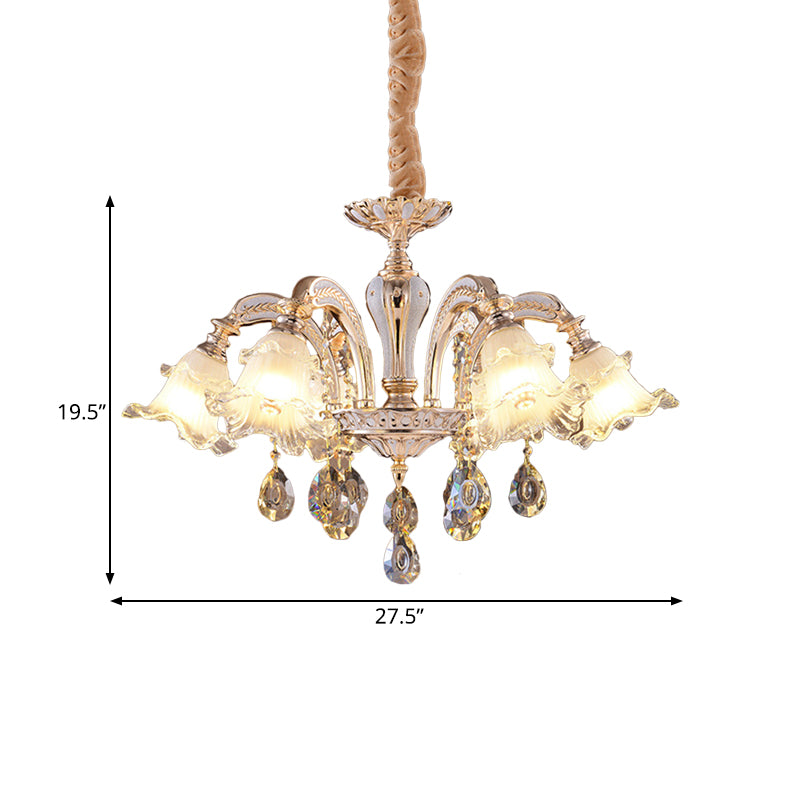 2-Layer Ruffle Clear Glass Chandelier Antiqued 3/6 Lights Dining Table Suspension Lamp in Gold Clearhalo 'Ceiling Lights' 'Chandeliers' 'Close To Ceiling Lights' 'Glass shade' 'Glass' 'Modern Chandeliers' 'Modern' Lighting' 798584