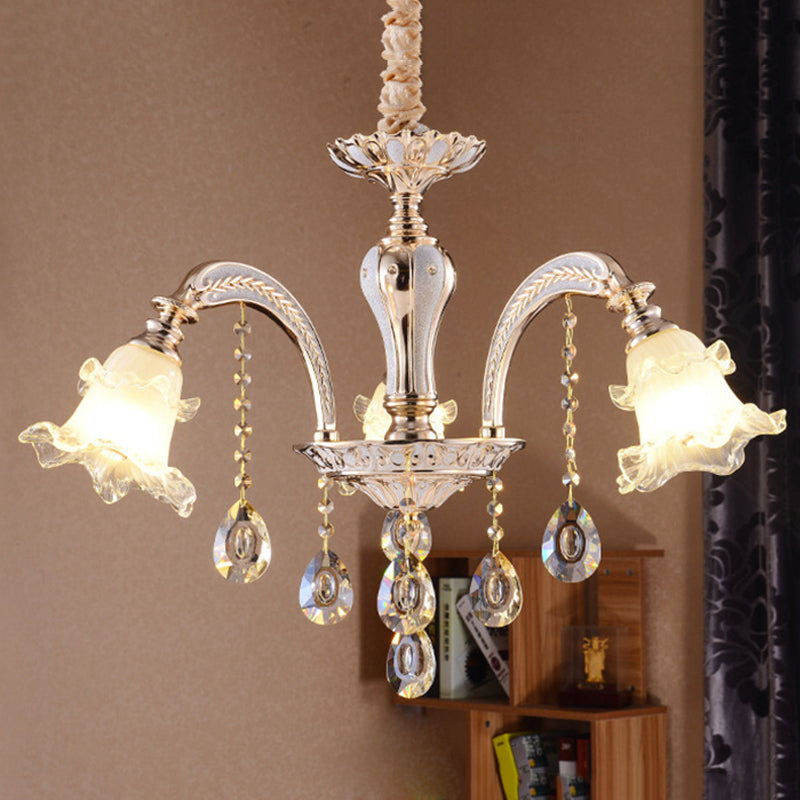 2-Layer Ruffle Clear Glass Chandelier Antiqued 3/6 Lights Dining Table Suspension Lamp in Gold 3 Gold Clearhalo 'Ceiling Lights' 'Chandeliers' 'Close To Ceiling Lights' 'Glass shade' 'Glass' 'Modern Chandeliers' 'Modern' Lighting' 798585