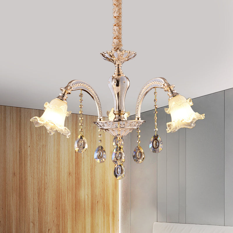 2-Layer Ruffle Clear Glass Chandelier Antiqued 3/6 Lights Dining Table Suspension Lamp in Gold Clearhalo 'Ceiling Lights' 'Chandeliers' 'Close To Ceiling Lights' 'Glass shade' 'Glass' 'Modern Chandeliers' 'Modern' Lighting' 798586