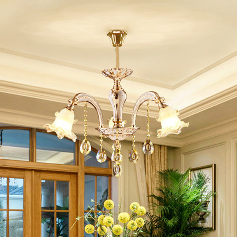 2-Layer Ruffle Clear Glass Chandelier Antiqued 3/6 Lights Dining Table Suspension Lamp in Gold Clearhalo 'Ceiling Lights' 'Chandeliers' 'Close To Ceiling Lights' 'Glass shade' 'Glass' 'Modern Chandeliers' 'Modern' Lighting' 798587