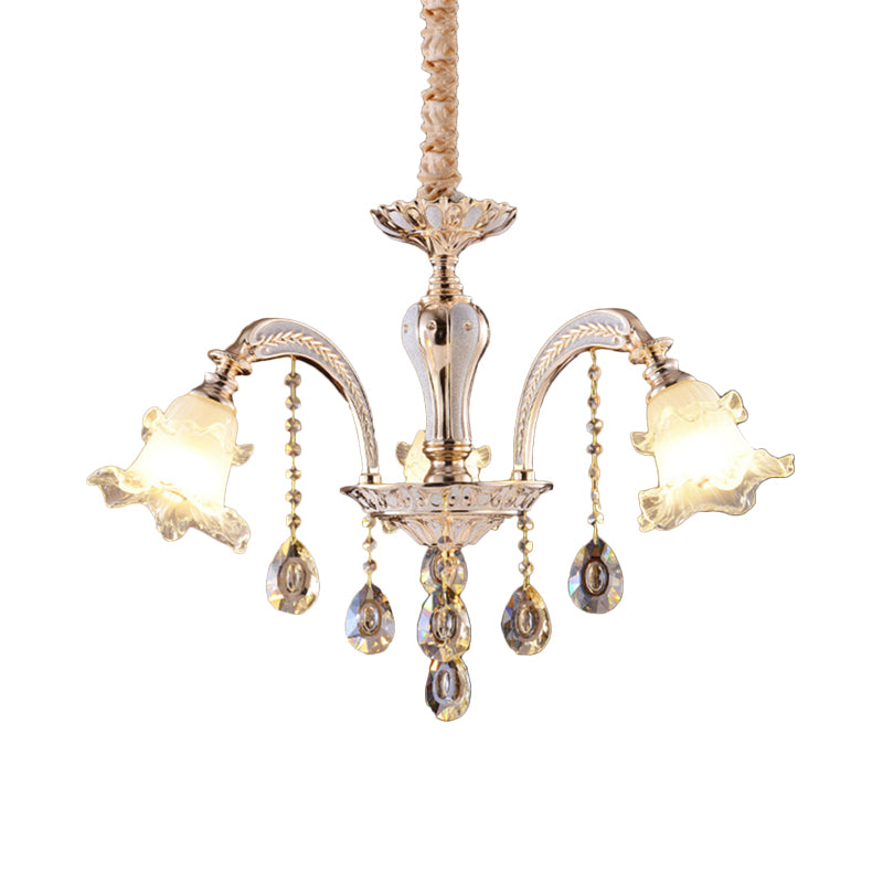 2-Layer Ruffle Clear Glass Chandelier Antiqued 3/6 Lights Dining Table Suspension Lamp in Gold Clearhalo 'Ceiling Lights' 'Chandeliers' 'Close To Ceiling Lights' 'Glass shade' 'Glass' 'Modern Chandeliers' 'Modern' Lighting' 798588