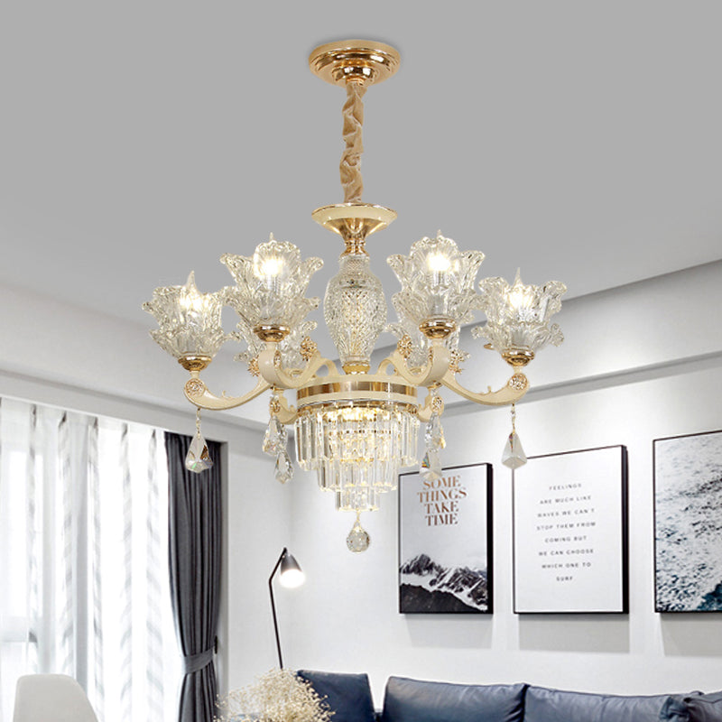 6 Heads Clear Glass Chandelier Modern Gold Blossom Living Room Ceiling Pendant Light Gold Clearhalo 'Ceiling Lights' 'Chandeliers' 'Modern Chandeliers' 'Modern' Lighting' 798590