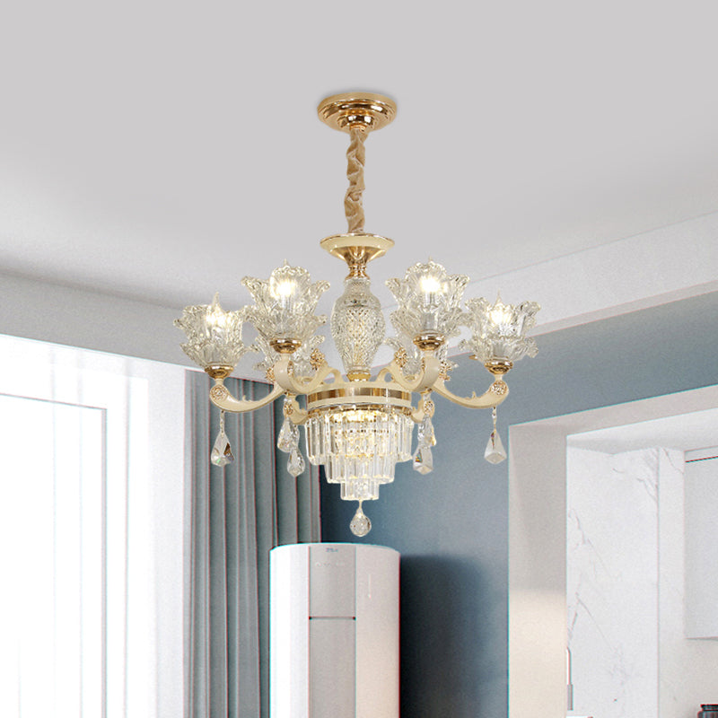 6 Heads Clear Glass Chandelier Modern Gold Blossom Living Room Ceiling Pendant Light Clearhalo 'Ceiling Lights' 'Chandeliers' 'Modern Chandeliers' 'Modern' Lighting' 798591