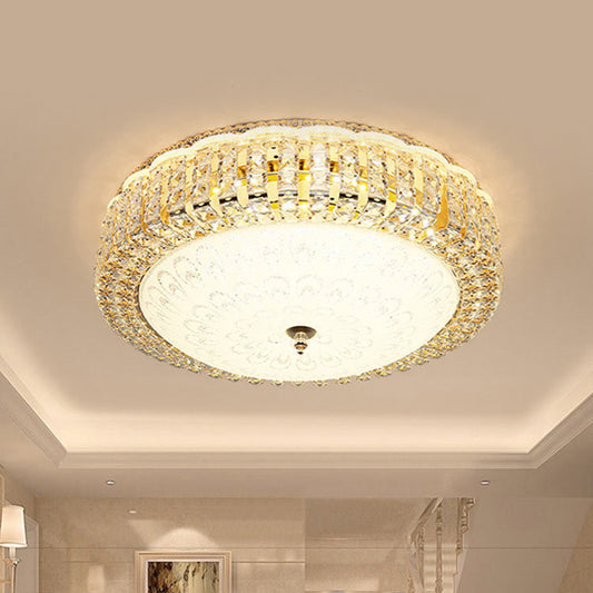 Circle Beveled Crystal Ceiling Flush Light Simple Hotel LED Flush Mount with Frosted Flower Glass Shade in Gold Gold Clearhalo 'Ceiling Lights' 'Close To Ceiling Lights' 'Close to ceiling' 'Flush mount' Lighting' 798611