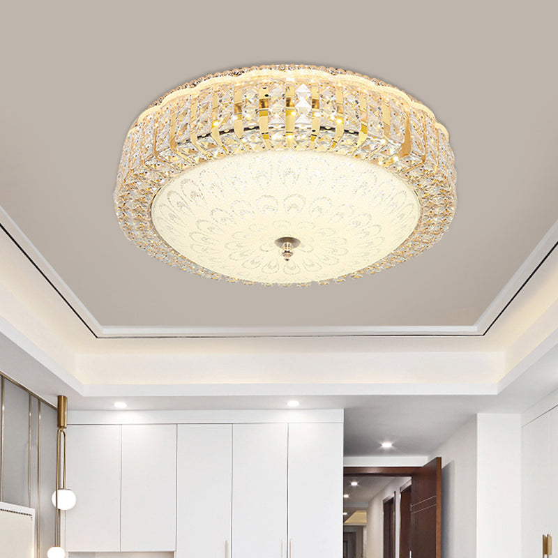 Circle Beveled Crystal Ceiling Flush Light Simple Hotel LED Flush Mount with Frosted Flower Glass Shade in Gold Clearhalo 'Ceiling Lights' 'Close To Ceiling Lights' 'Close to ceiling' 'Flush mount' Lighting' 798612