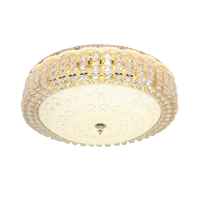 Circle Beveled Crystal Ceiling Flush Light Simple Hotel LED Flush Mount with Frosted Flower Glass Shade in Gold Clearhalo 'Ceiling Lights' 'Close To Ceiling Lights' 'Close to ceiling' 'Flush mount' Lighting' 798613