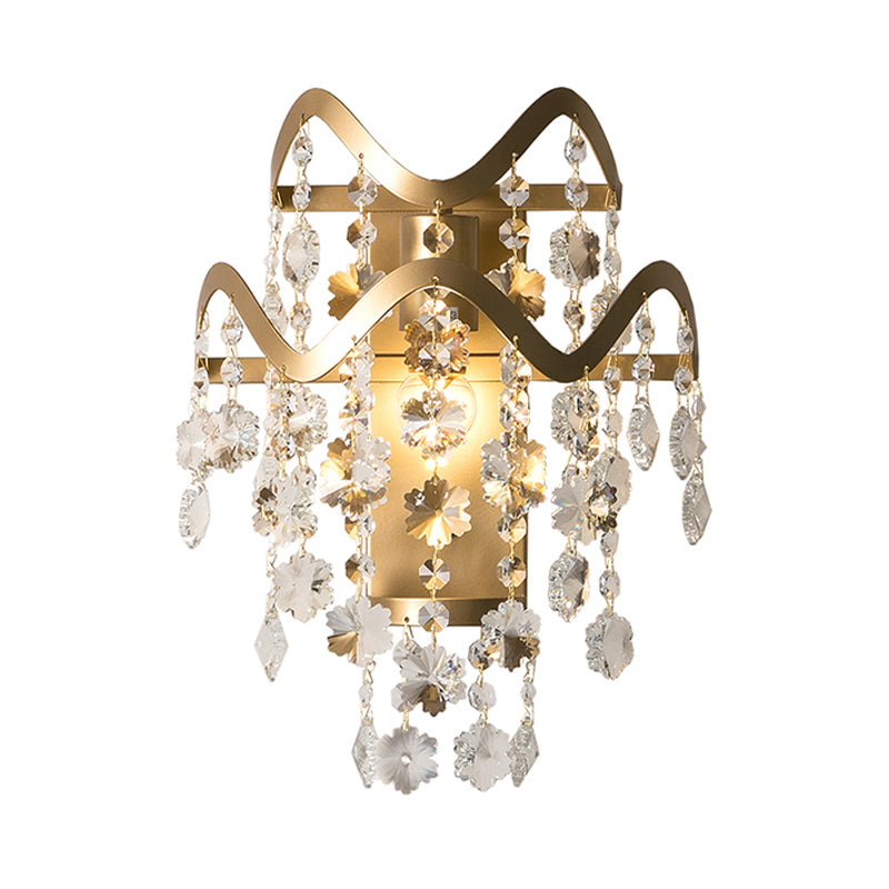 Brass LED Wall Mount Light Vintage Crystal Strand Draping Sconce Lighting with Waveform Edge Clearhalo 'Cast Iron' 'Glass' 'Industrial' 'Modern wall lights' 'Modern' 'Tiffany' 'Traditional wall lights' 'Wall Lamps & Sconces' 'Wall Lights' Lighting' 798642