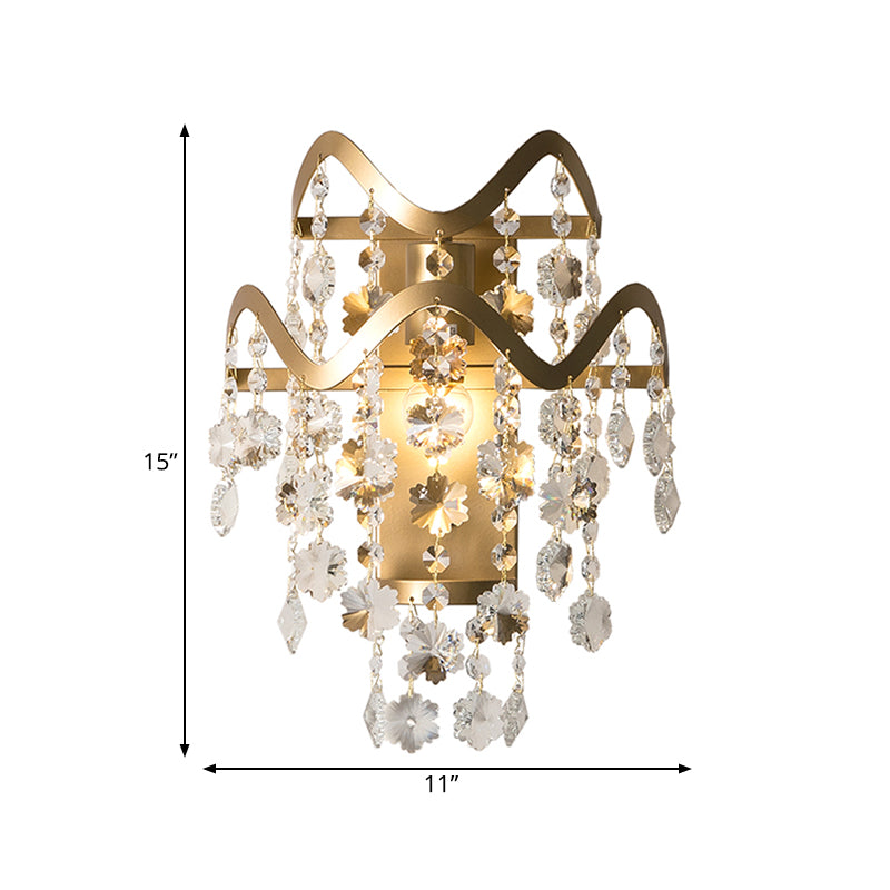 Brass LED Wall Mount Light Vintage Crystal Strand Draping Sconce Lighting with Waveform Edge Clearhalo 'Cast Iron' 'Glass' 'Industrial' 'Modern wall lights' 'Modern' 'Tiffany' 'Traditional wall lights' 'Wall Lamps & Sconces' 'Wall Lights' Lighting' 798643