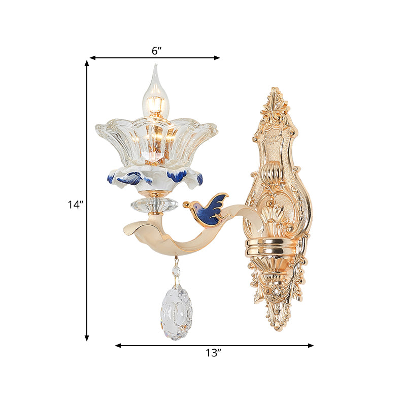 1/2-Head Wall Sconce Light Traditional Living Room Wall Mount Lamp with Flower Crystal Shade in Brass Clearhalo 'Cast Iron' 'Glass' 'Industrial' 'Modern wall lights' 'Modern' 'Tiffany' 'Traditional wall lights' 'Wall Lamps & Sconces' 'Wall Lights' Lighting' 798647