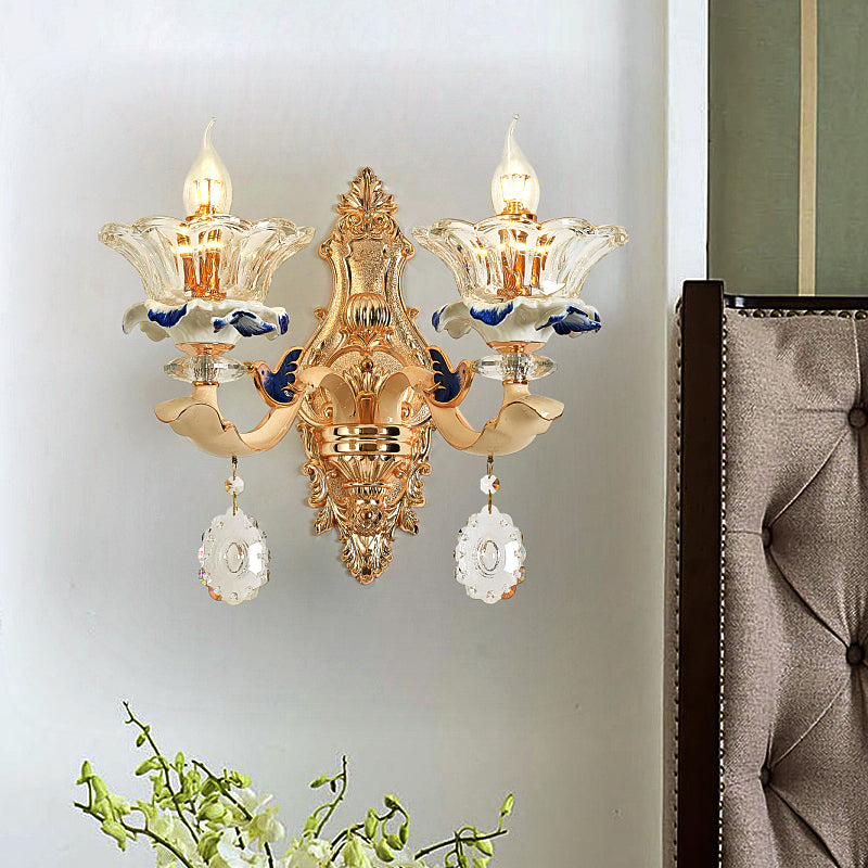 1/2-Head Wall Sconce Light Traditional Living Room Wall Mount Lamp with Flower Crystal Shade in Brass Clearhalo 'Cast Iron' 'Glass' 'Industrial' 'Modern wall lights' 'Modern' 'Tiffany' 'Traditional wall lights' 'Wall Lamps & Sconces' 'Wall Lights' Lighting' 798649