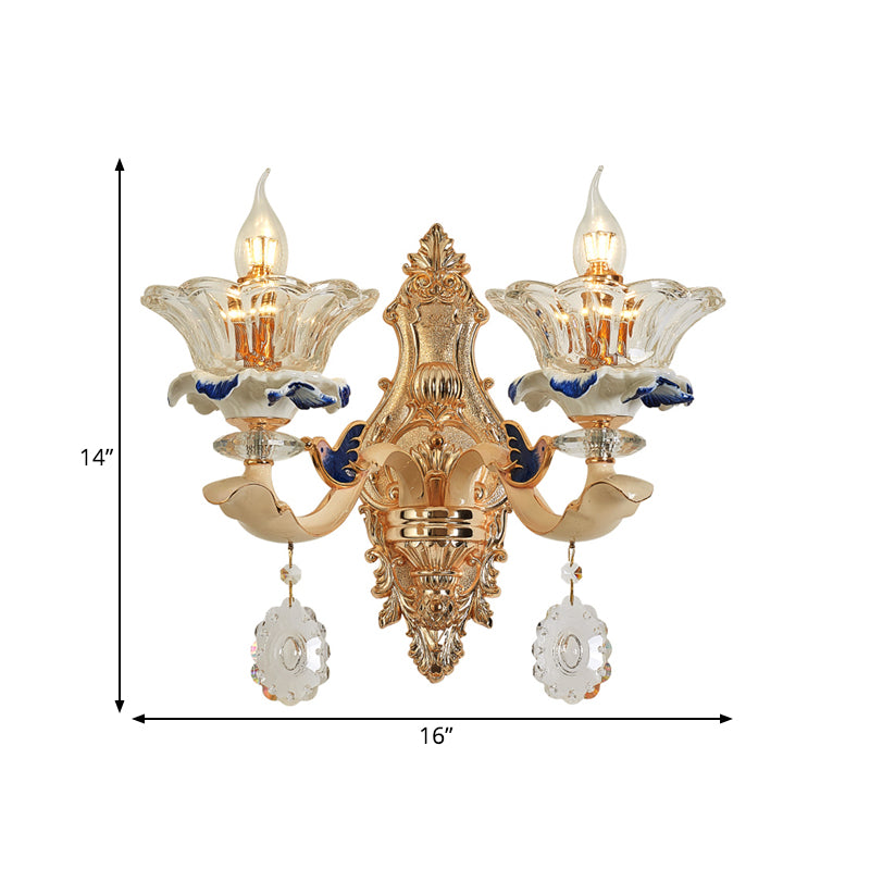 1/2-Head Wall Sconce Light Traditional Living Room Wall Mount Lamp with Flower Crystal Shade in Brass Clearhalo 'Cast Iron' 'Glass' 'Industrial' 'Modern wall lights' 'Modern' 'Tiffany' 'Traditional wall lights' 'Wall Lamps & Sconces' 'Wall Lights' Lighting' 798652