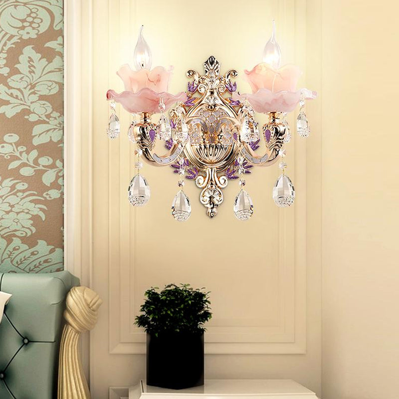 Ruffle Purple Glass Sconce Lamp Countryside 1/2-Light Living Room Wall Mount Lighting with K9 Crystal Drop Clearhalo 'Wall Lamps & Sconces' 'Wall Lights' Lighting' 798685