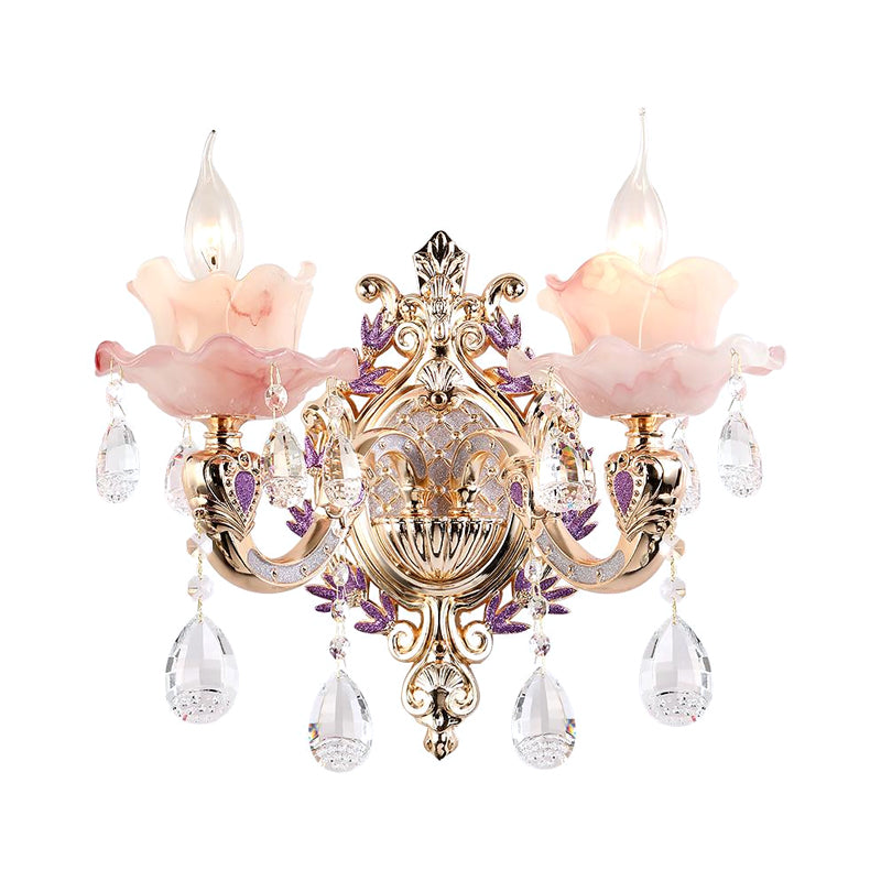 Ruffle Purple Glass Sconce Lamp Countryside 1/2-Light Living Room Wall Mount Lighting with K9 Crystal Drop Clearhalo 'Wall Lamps & Sconces' 'Wall Lights' Lighting' 798686