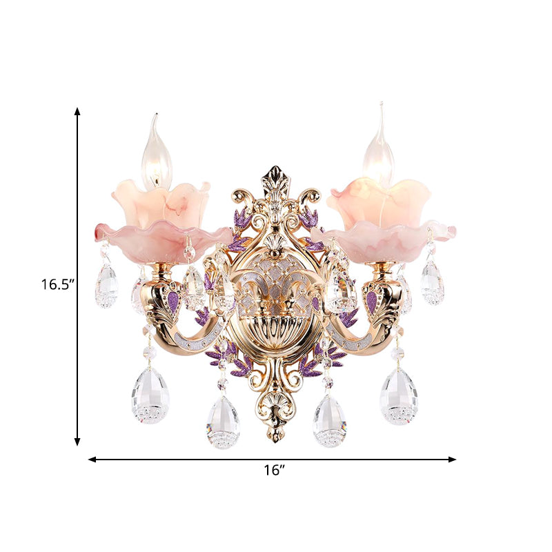 Ruffle Purple Glass Sconce Lamp Countryside 1/2-Light Living Room Wall Mount Lighting with K9 Crystal Drop Clearhalo 'Wall Lamps & Sconces' 'Wall Lights' Lighting' 798687