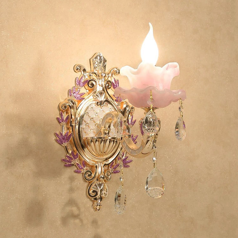 Ruffle Purple Glass Sconce Lamp Countryside 1/2-Light Living Room Wall Mount Lighting with K9 Crystal Drop Clearhalo 'Wall Lamps & Sconces' 'Wall Lights' Lighting' 798691