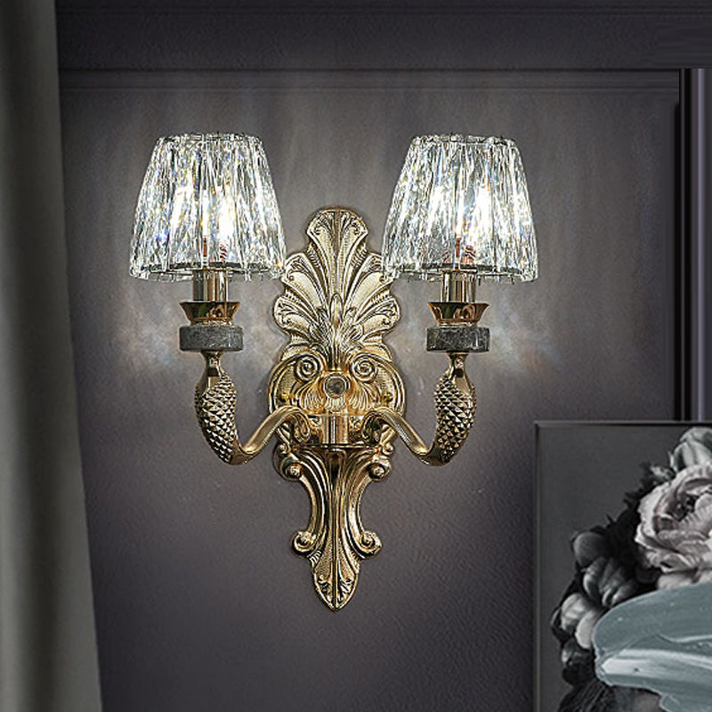 K9 Crystal Prism Cone Shade Wall Lamp Antique 1/2-Bulb Dining Room Wall Sconce Light in Gold 2.0 Gold Clearhalo 'Cast Iron' 'Glass' 'Industrial' 'Modern wall lights' 'Modern' 'Tiffany' 'Traditional wall lights' 'Wall Lamps & Sconces' 'Wall Lights' Lighting' 798693