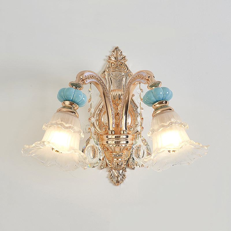 1/2-Head Drooping Flower Wall Light Retro Gold Opal Matte Glass Wall Mounted Fixture Clearhalo 'Wall Lamps & Sconces' 'Wall Lights' Lighting' 798704