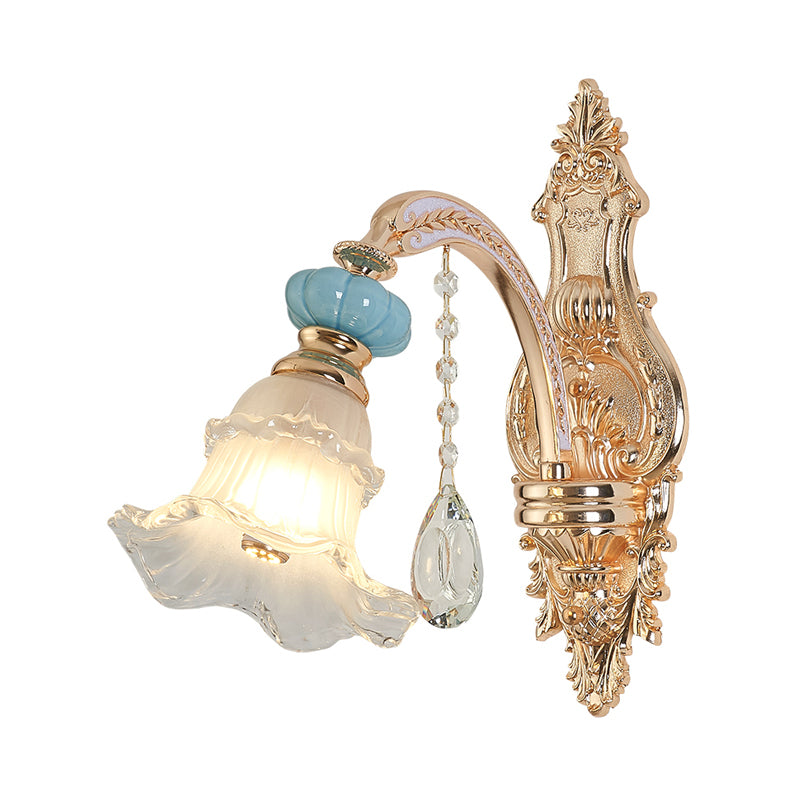 1/2-Head Drooping Flower Wall Light Retro Gold Opal Matte Glass Wall Mounted Fixture Clearhalo 'Wall Lamps & Sconces' 'Wall Lights' Lighting' 798708