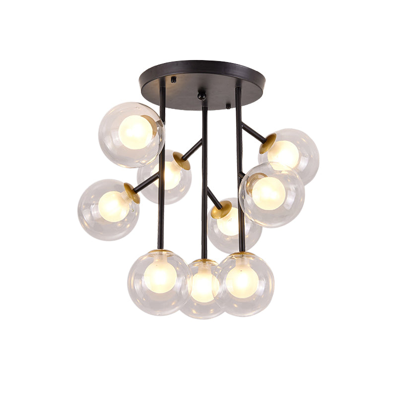 Ball Semi Mount Lighting Modern Clear Glass 9/12 Heads Living Room Close to Ceiling Lamp in Black/Gold Clearhalo 'Ceiling Lights' 'Close To Ceiling Lights' 'Close to ceiling' 'Glass shade' 'Glass' 'Semi-flushmount' Lighting' 798712