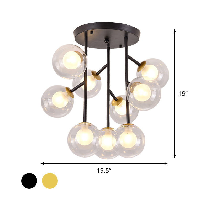 Ball Semi Mount Lighting Modern Clear Glass 9/12 Heads Living Room Close to Ceiling Lamp in Black/Gold Clearhalo 'Ceiling Lights' 'Close To Ceiling Lights' 'Close to ceiling' 'Glass shade' 'Glass' 'Semi-flushmount' Lighting' 798714