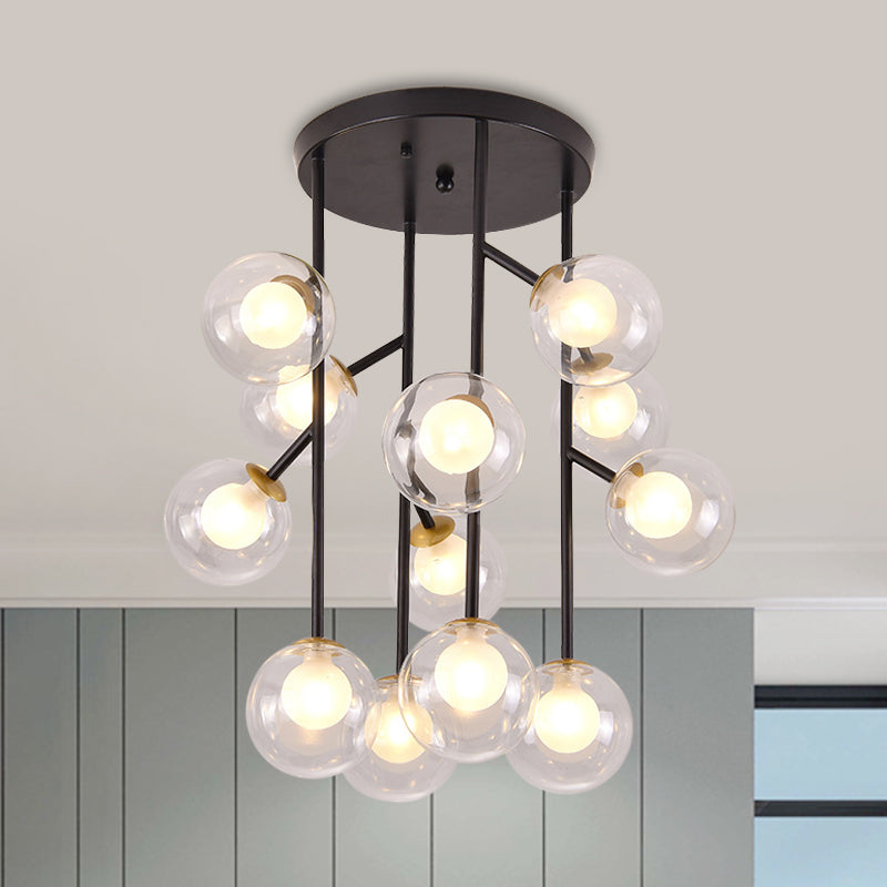 Ball Semi Mount Lighting Modern Clear Glass 9/12 Heads Living Room Close to Ceiling Lamp in Black/Gold 12 Black Clearhalo 'Ceiling Lights' 'Close To Ceiling Lights' 'Close to ceiling' 'Glass shade' 'Glass' 'Semi-flushmount' Lighting' 798715