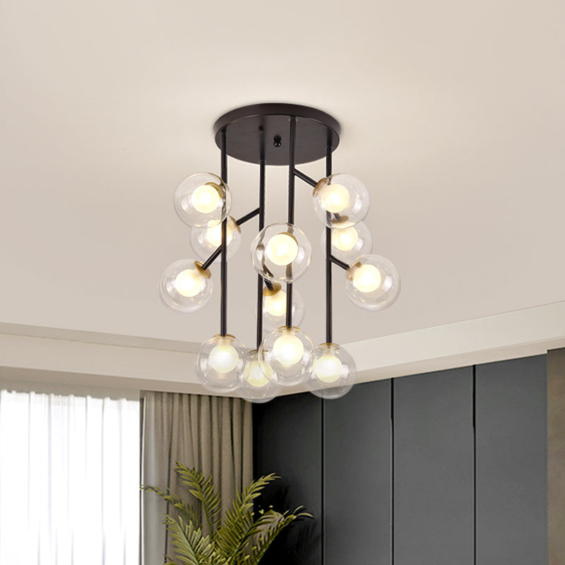 Ball Semi Mount Lighting Modern Clear Glass 9/12 Heads Living Room Close to Ceiling Lamp in Black/Gold Clearhalo 'Ceiling Lights' 'Close To Ceiling Lights' 'Close to ceiling' 'Glass shade' 'Glass' 'Semi-flushmount' Lighting' 798716