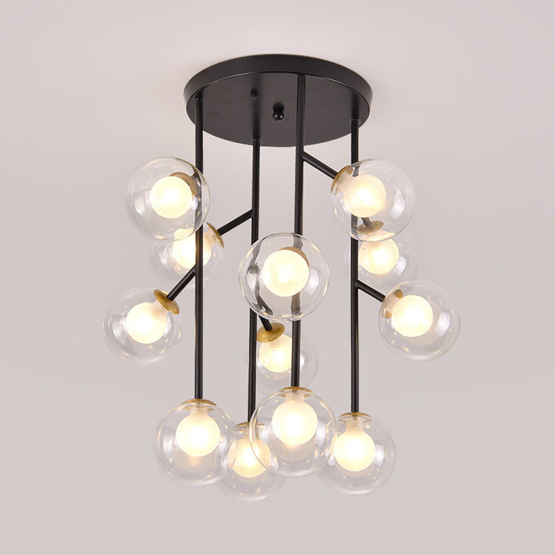 Ball Semi Mount Lighting Modern Clear Glass 9/12 Heads Living Room Close to Ceiling Lamp in Black/Gold Clearhalo 'Ceiling Lights' 'Close To Ceiling Lights' 'Close to ceiling' 'Glass shade' 'Glass' 'Semi-flushmount' Lighting' 798718
