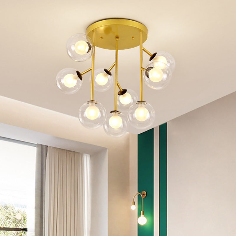 Ball Semi Mount Lighting Modern Clear Glass 9/12 Heads Living Room Close to Ceiling Lamp in Black/Gold 9 Gold Clearhalo 'Ceiling Lights' 'Close To Ceiling Lights' 'Close to ceiling' 'Glass shade' 'Glass' 'Semi-flushmount' Lighting' 798720